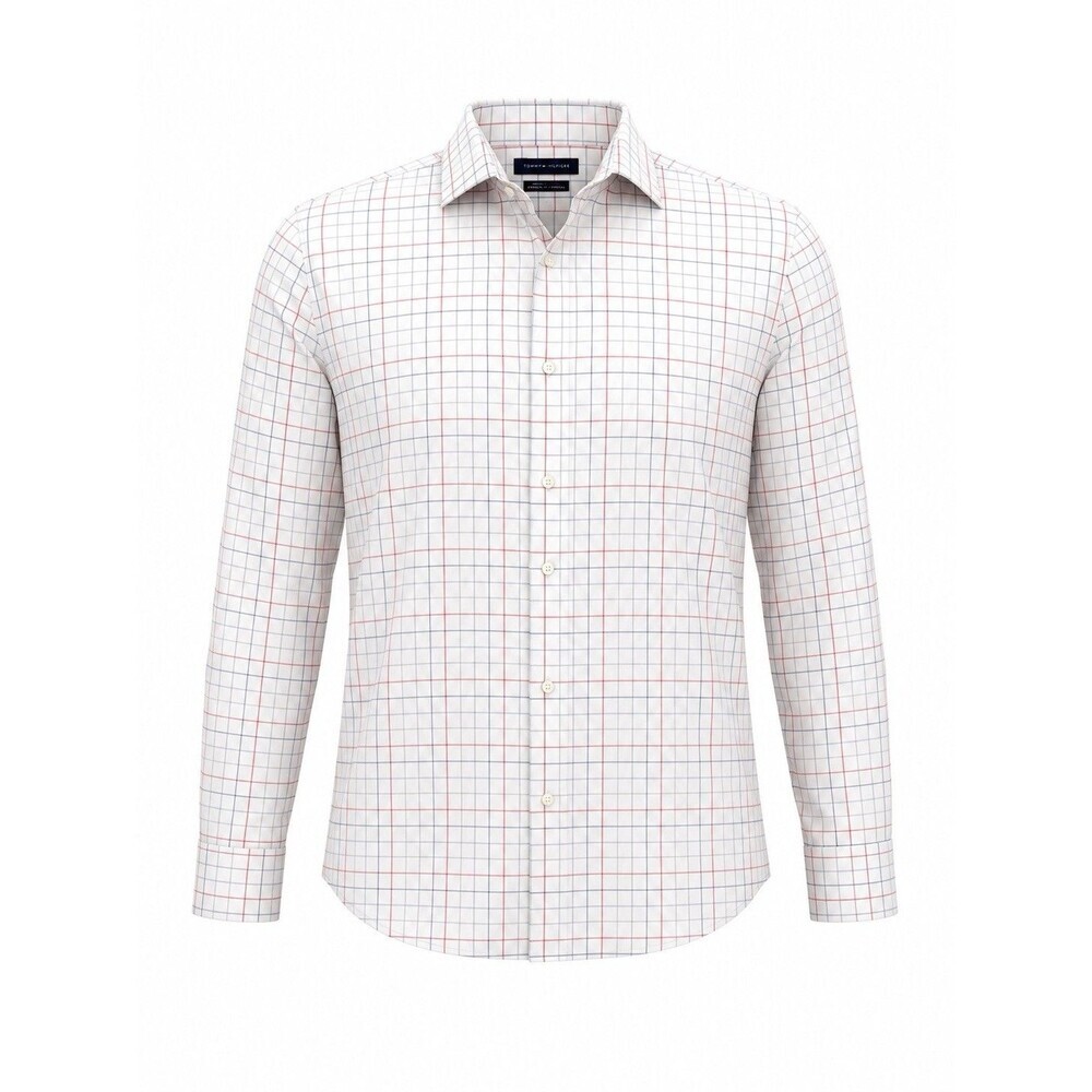 Tommy Hilfiger XL Athletic Fit Stretch White Plaid Button Front Dress Shirt Men